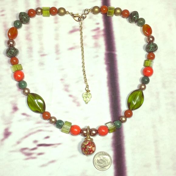 Handmade earth tone ORIGINAL OOAK glass bead adjustable green red Necklace retro - Picture 16 of 16